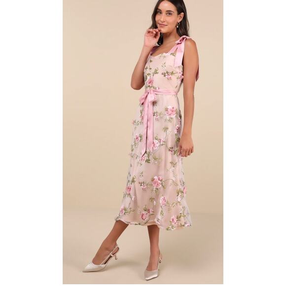 Lulus Pink Floral Applique Tie-Strap Midi Authentic Sweetness Dress Size S - Picture 10 of 12
